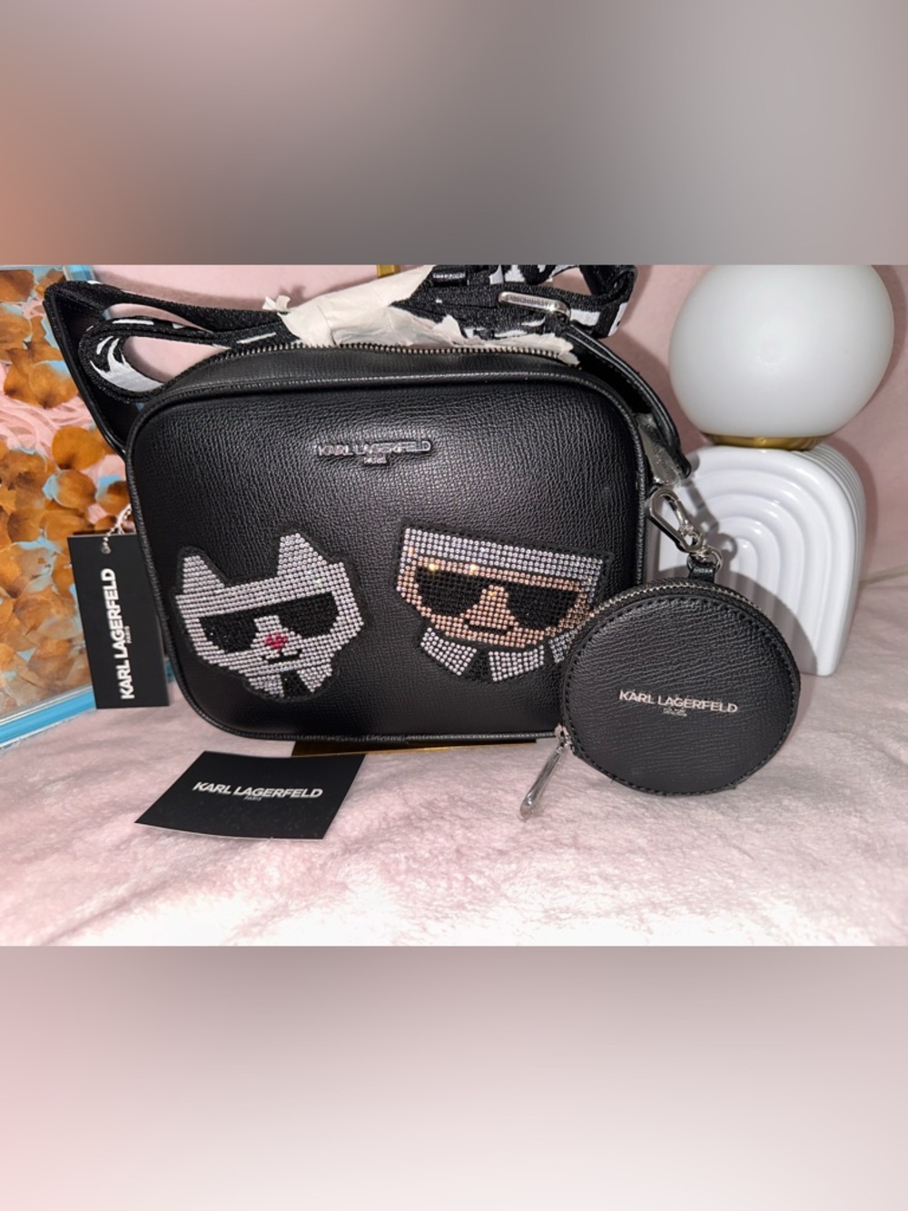 Karl Lagerfeld Black Textured Leather Camera Bag with Logo Strap
